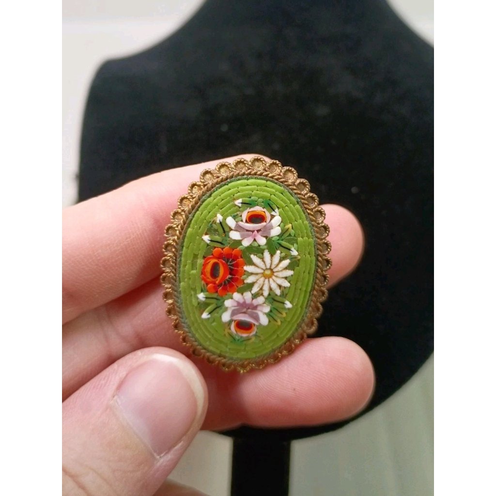 Micro Mosaic Italy Brooch Vintage Green Gold Filigree Floral Flowers Ornate 40$